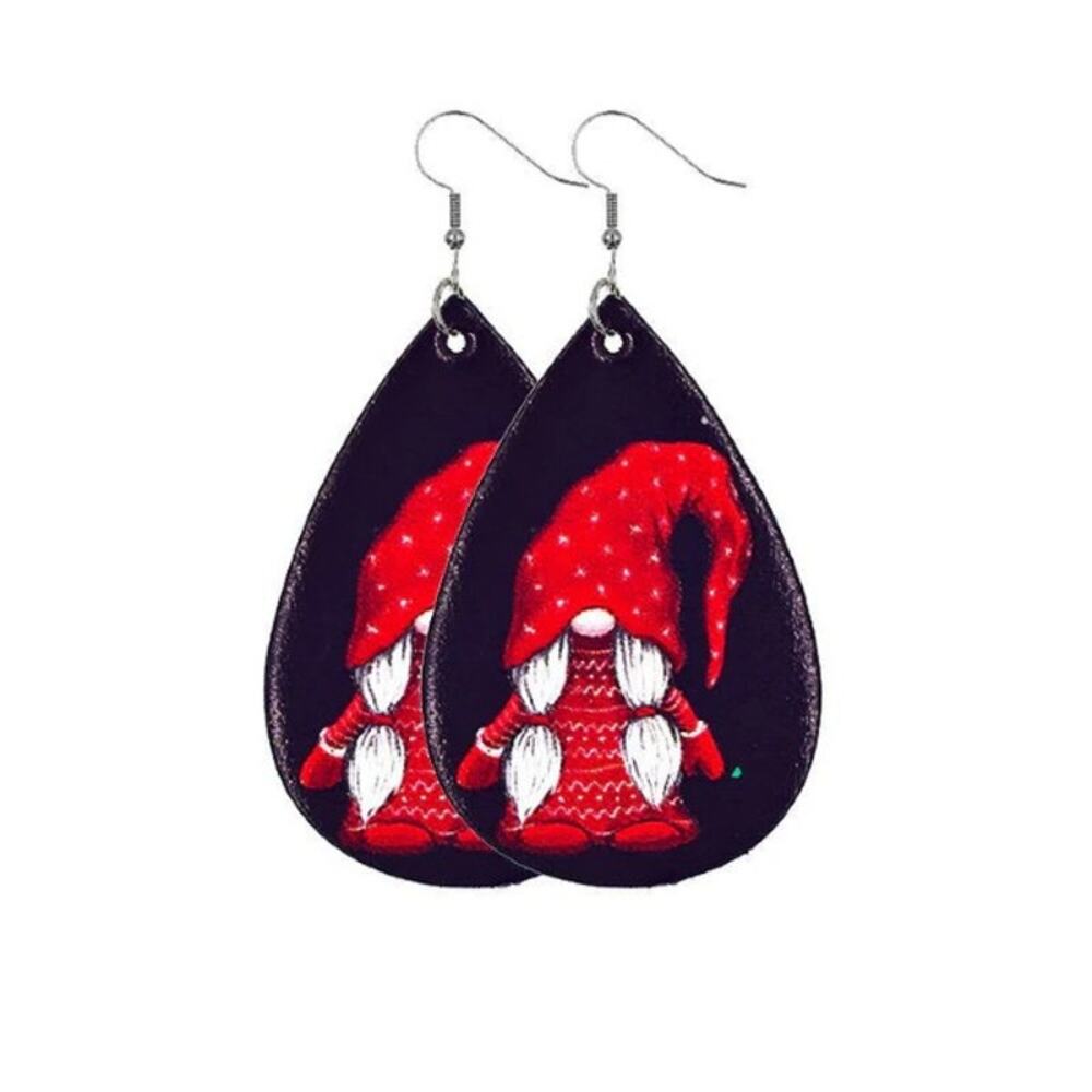 Gnome‎ with Pigtails Christmas Vegan Leather Teardrop Earrings